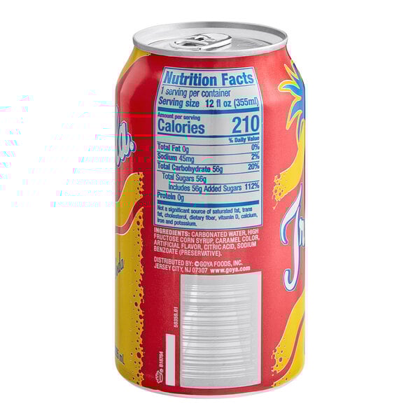A close up of a Goya Tropi-Cola soda can with a yellow and red label.