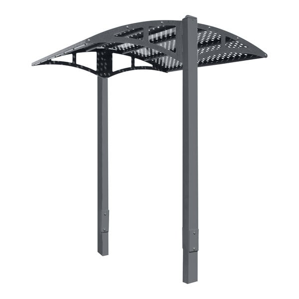 A graphite grey steel canopy with square perforations overhang.