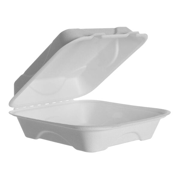 A white Eco-Products compostable clamshell container with a lid.