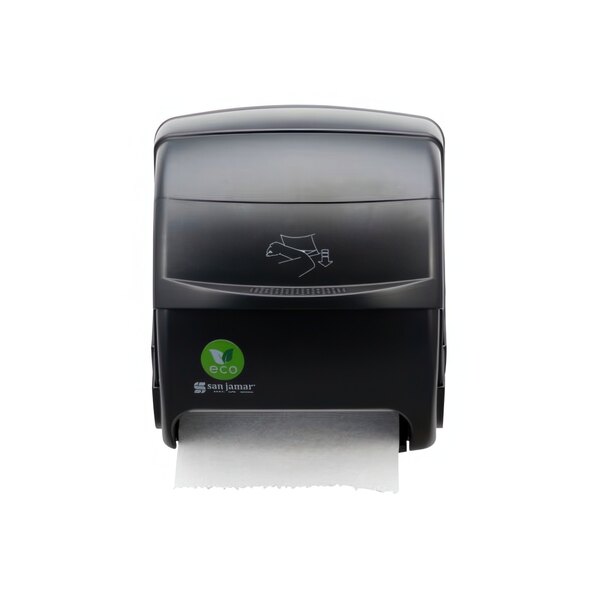 A black San Jamar paper towel dispenser with a green logo.