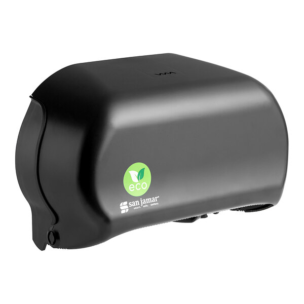 A black rectangular San Jamar toilet tissue dispenser with a white logo.