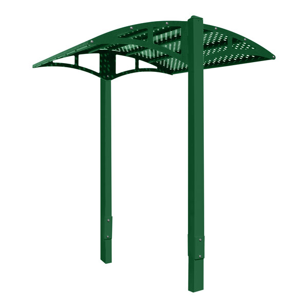 A green metal structure with perforated metal posts and a perforated metal roof.
