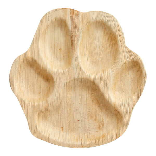 An Eco-gecko palm leaf plate in the shape of a paw with paw print designs.