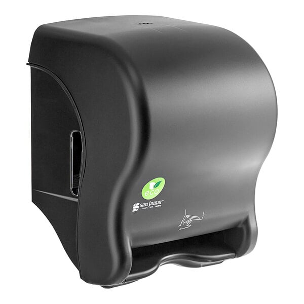 A black San Jamar electronic roll towel dispenser with a green logo.
