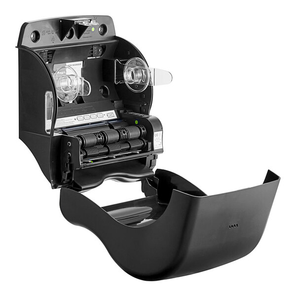 A black San Jamar Smart Essence EcoLogic electronic roll towel dispenser with a clear plastic lid open.