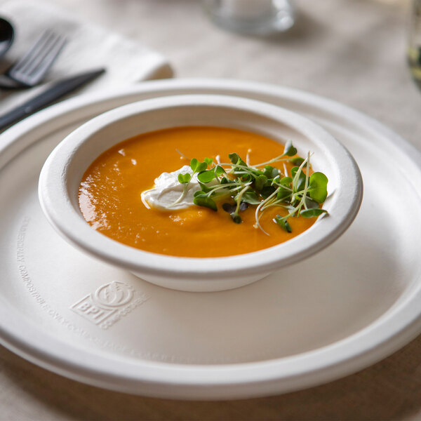 A white, round, compostable sugarcane bowl filled with soup and garnished with greens and cream.