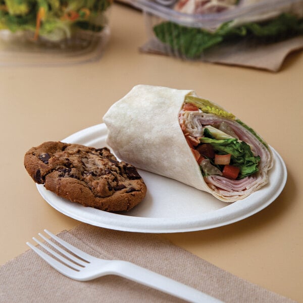 A white, round, compostable sugarcane plate holding a wrap sandwich and a chocolate chip cookie.