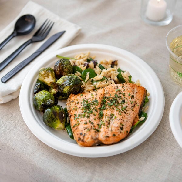 A round, white compostable plate made from sugarcane, shown holding a meal with salmon, Brussels sprouts, and orzo.