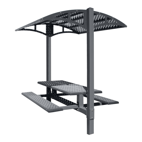 A Paris Site Furnishings graphite gray picnic table with a metal canopy over it.