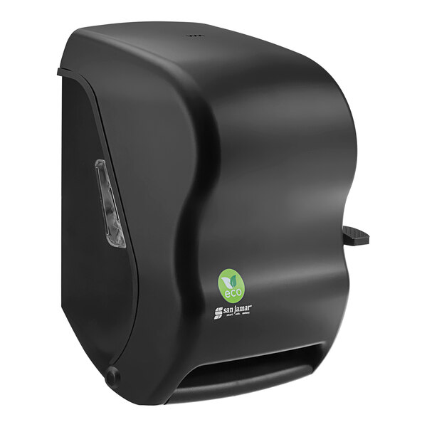 A black San Jamar paper towel dispenser with a green logo.