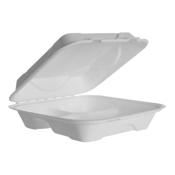 A white Eco-Products compostable clamshell container with three compartments and a lid.