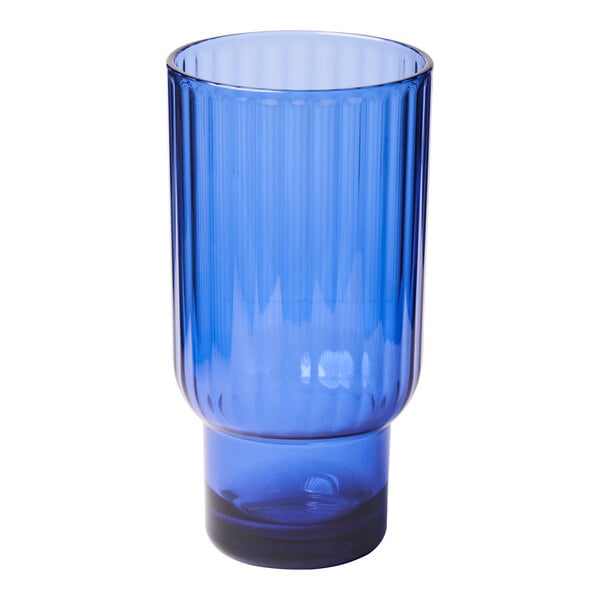 A close-up of a Sophistiplate cobalt blue plastic tumbler.