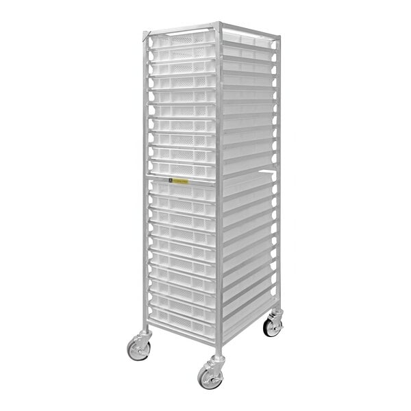 An Arcobaleno Martina aluminum pasta rack with wheels.