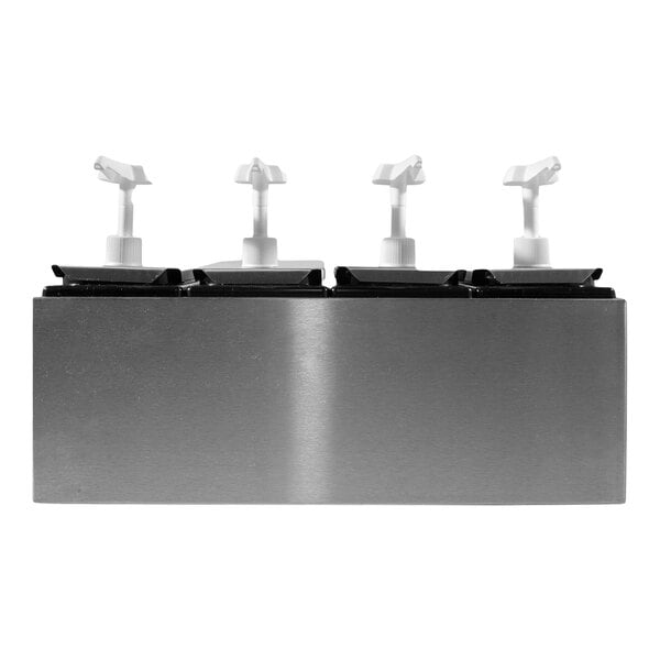 A Carlisle stainless steel condiment dispenser rail with four pumps on a stainless steel surface.