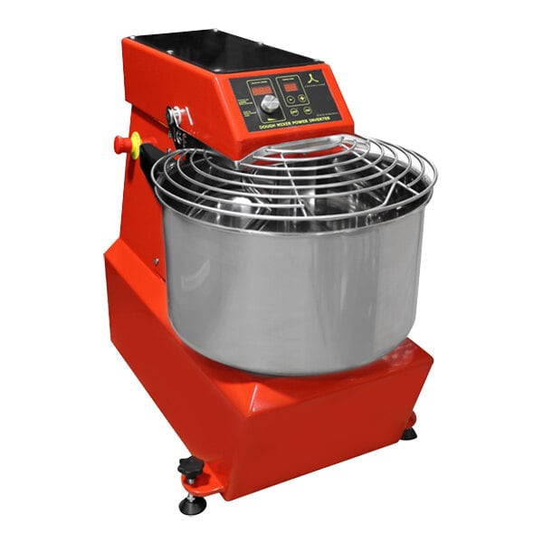 An Arcobaleno spiral dough mixer with a red and silver machine and a metal bowl on top.