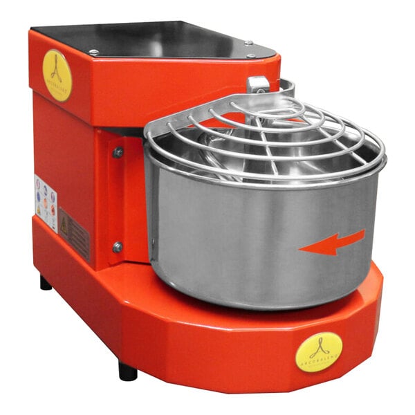 An Arcobaleno red and silver dough mixer with a large bowl on top.