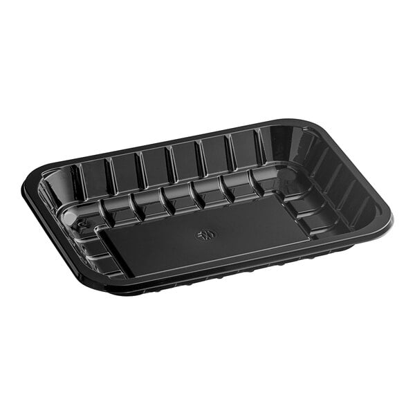 A black PET plastic meat tray with a lid.