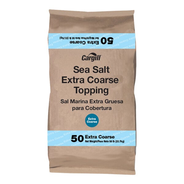 A 50-pound bag of Cargill extra coarse sea salt topping.
