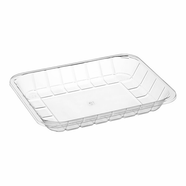 A clear PET plastic meat tray.