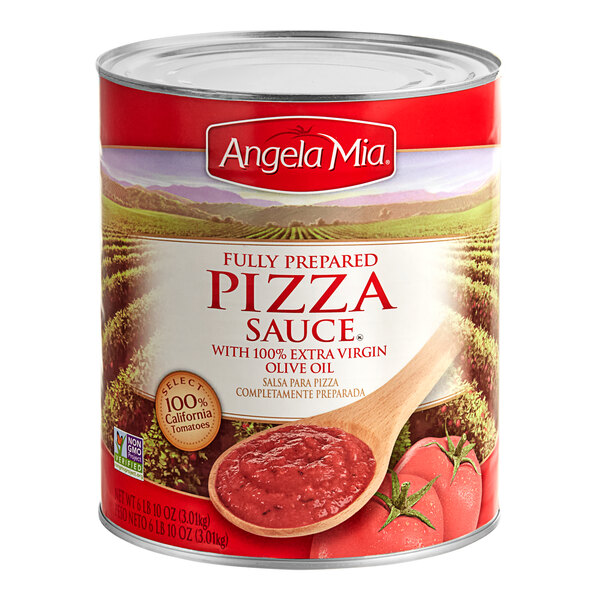 An open #10 can of Angela Mia pizza sauce with a wooden spoon full of red sauce.