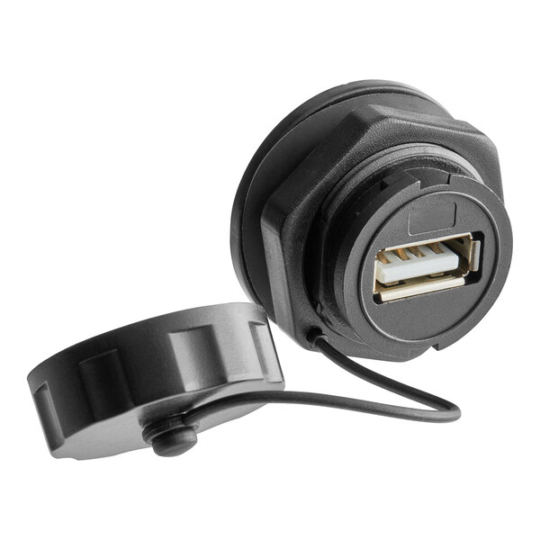 A black USB connector plug with a black cap.