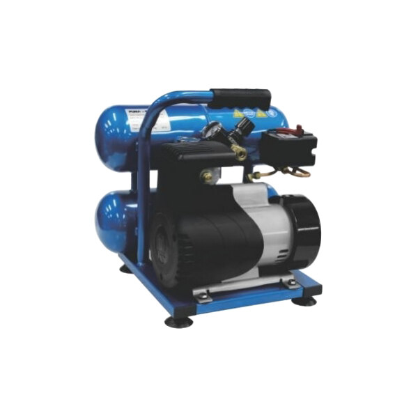 A blue Puma Industries twin stack air compressor with a black handle.