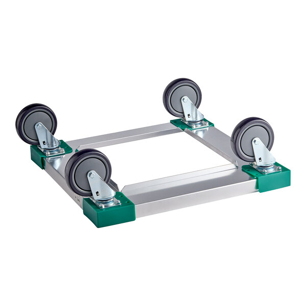 A metal frame with black wheels.