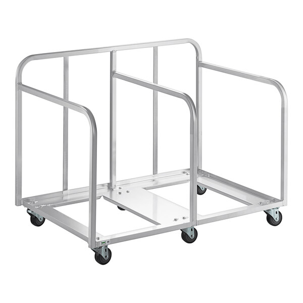 A Regency aluminum double bun pan truck, a metal cart with four wheels.