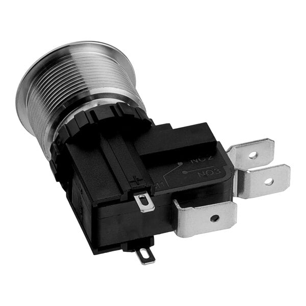 A close-up of a black and silver power button for a Cooking Performance Group conveyor oven.