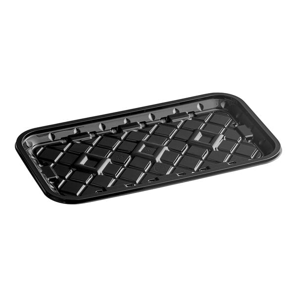 A black CKF PET plastic meat tray with a grid pattern.