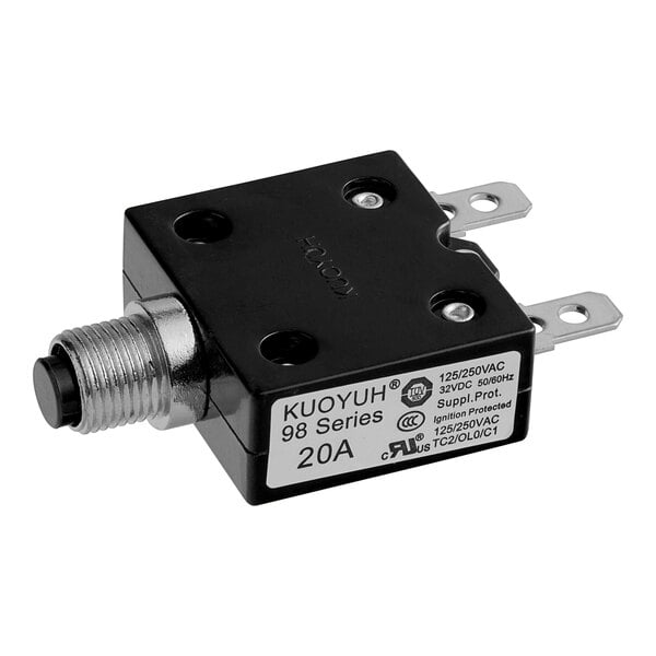 A black and silver Estella thermal circuit breaker with a red button.