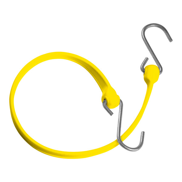 A yellow rubber strap with yellow galvanized steel hooks on each end.