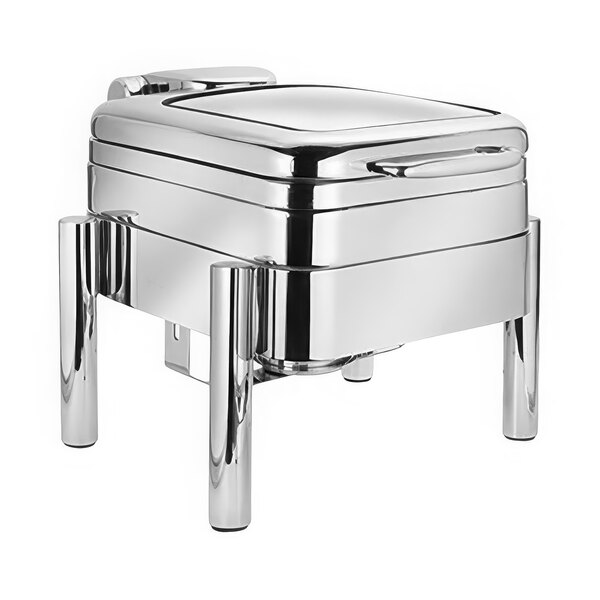 A silver Eastern Tabletop Jazz Rock chafer with a glass lid on a stand.