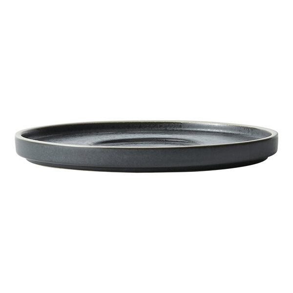 A black Oneida Moira stoneware saucer with a rim.