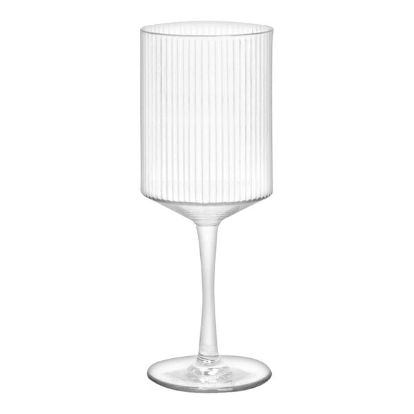 A clear plastic wine glass with a thin stem and vertical lines on the front.