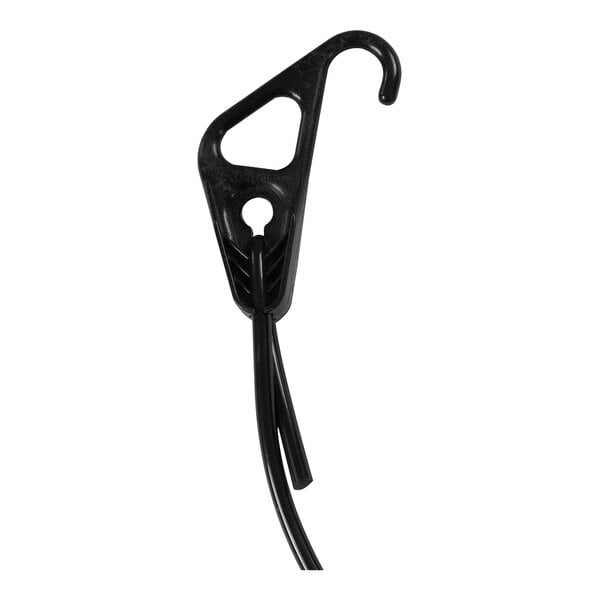 A black plastic hook with a hole on a white background.