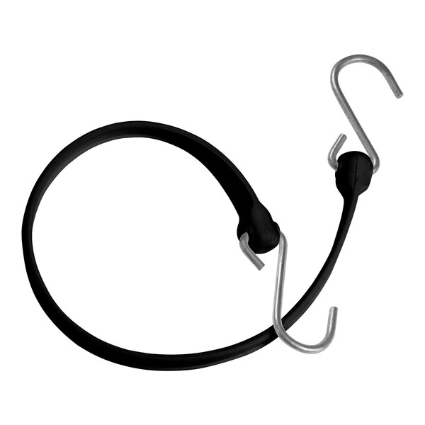 A black rubber Better Bungee strap with galvanized steel S hooks on the ends.