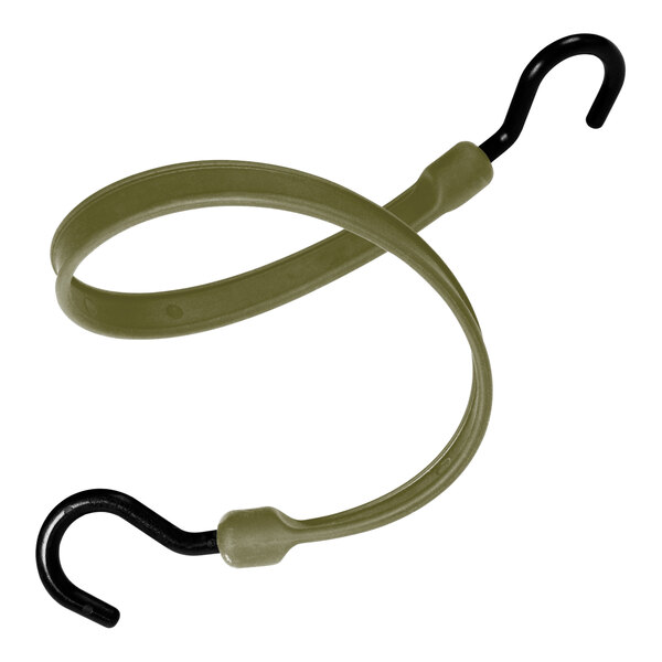 A Better Bungee military green elastic strap with overmolded nylon green and black hooks.