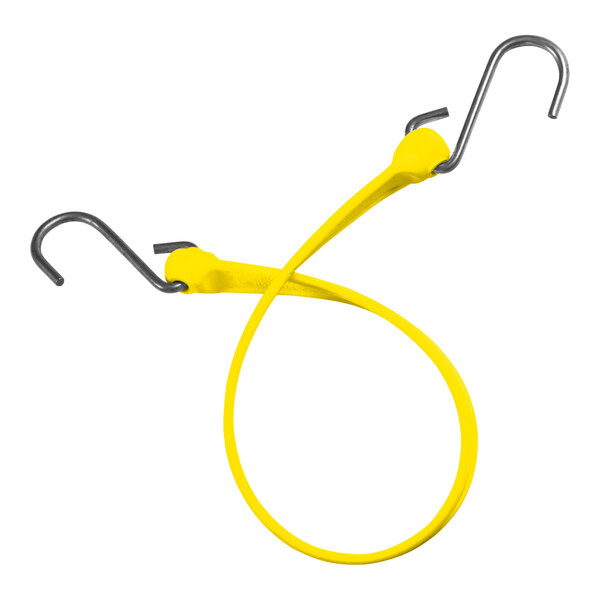 A yellow rubber strap with stainless steel hooks at each end.