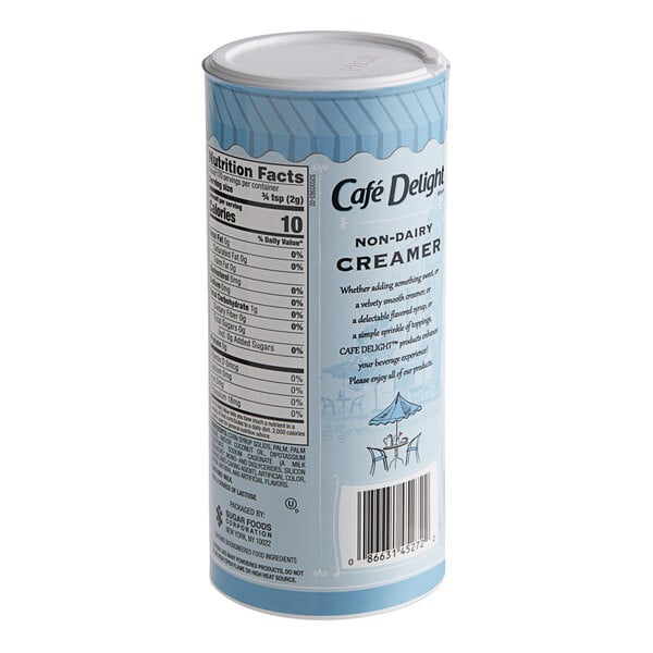 A close-up of a Cafe Delight canister of non-dairy powdered creamer.