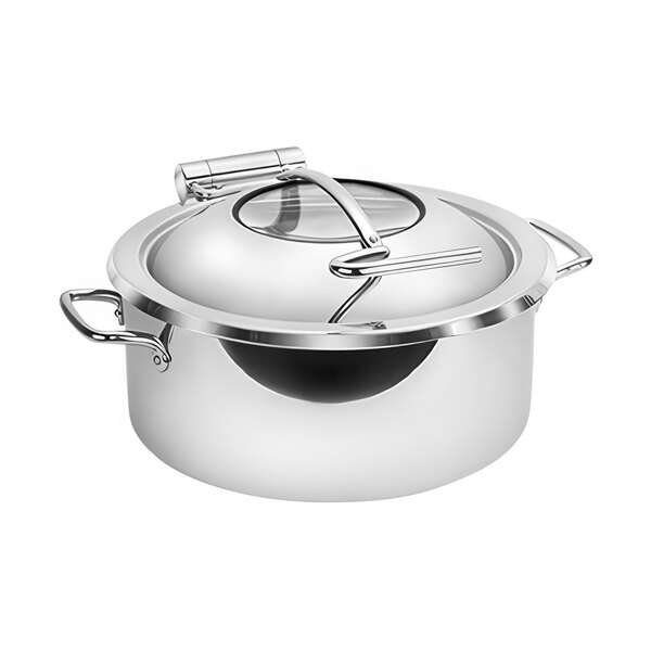 An Eastern Tabletop stainless steel round chafer pot with a glass lid and handle.