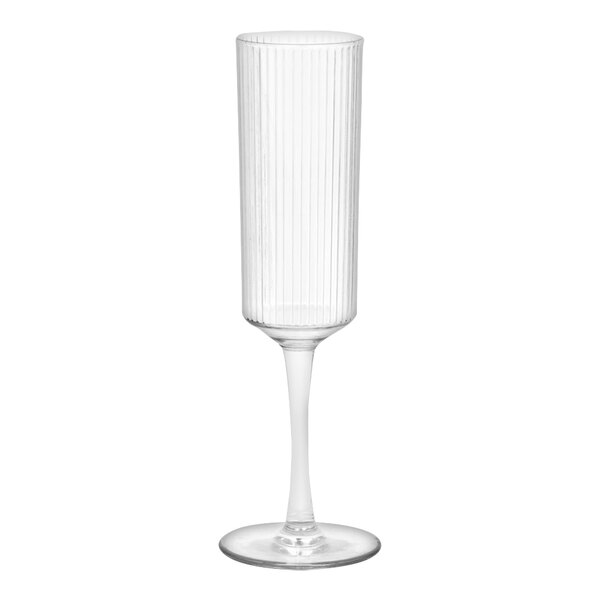 A clear plastic champagne flute with a clear stem.
