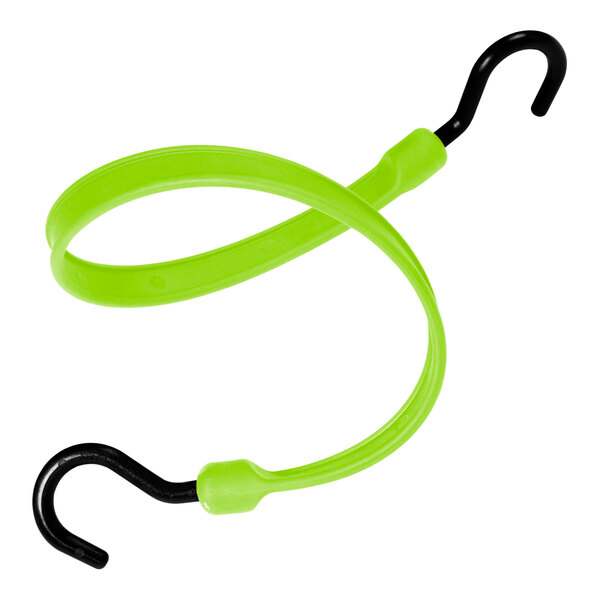 A Better Bungee safety green polyurethane strap with overmolded nylon hook ends and a green and black hook.