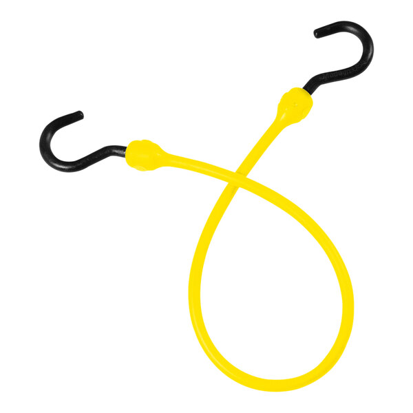 A yellow polyurethane Better Bungee cord with yellow and black overmolded nylon hooks.