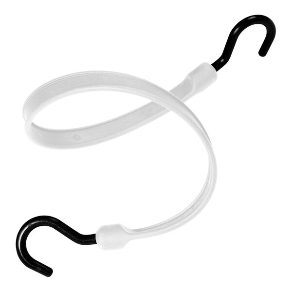 A white Better Bungee polyurethane strap with overmolded black and white nylon hook ends.