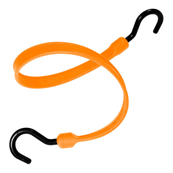 A Better Bungee orange and black polyurethane strap with overmolded nylon hook ends and a black and orange hook.