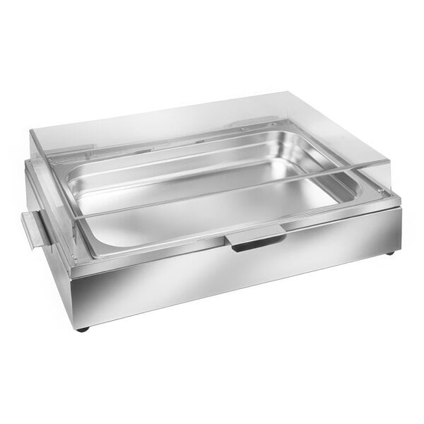 An Eastern Tabletop stainless steel chafing dish with a clear lid on a counter.