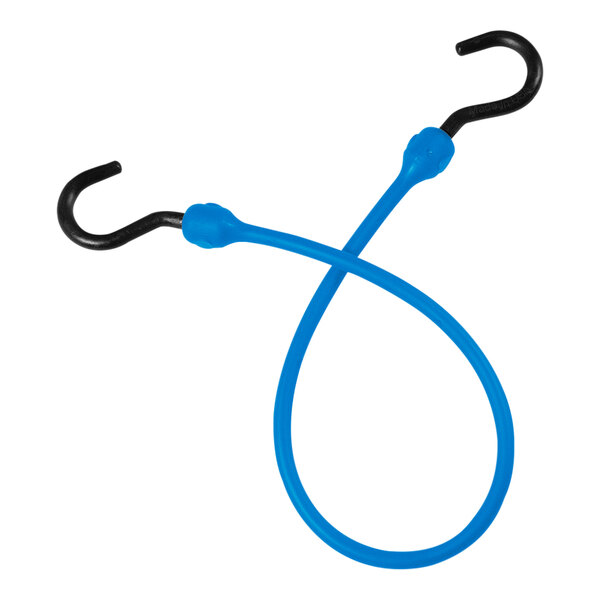 A blue Better Bungee polyurethane cord with overmolded nylon hooks on each end.