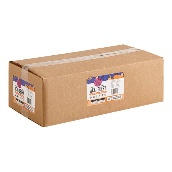 A brown cardboard box with a white label that reads "Pitaya Foods Organic Sweetened Acai Berry Bite-Sized Pieces"