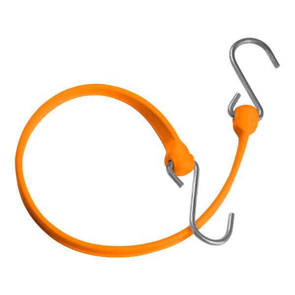 An orange polyurethane Better Bungee strap with galvanized steel S hooks on each end.